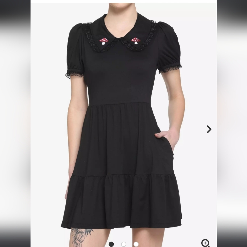 Hot Topic Black Mini Dress with Embroidered Mushrooms on Collar